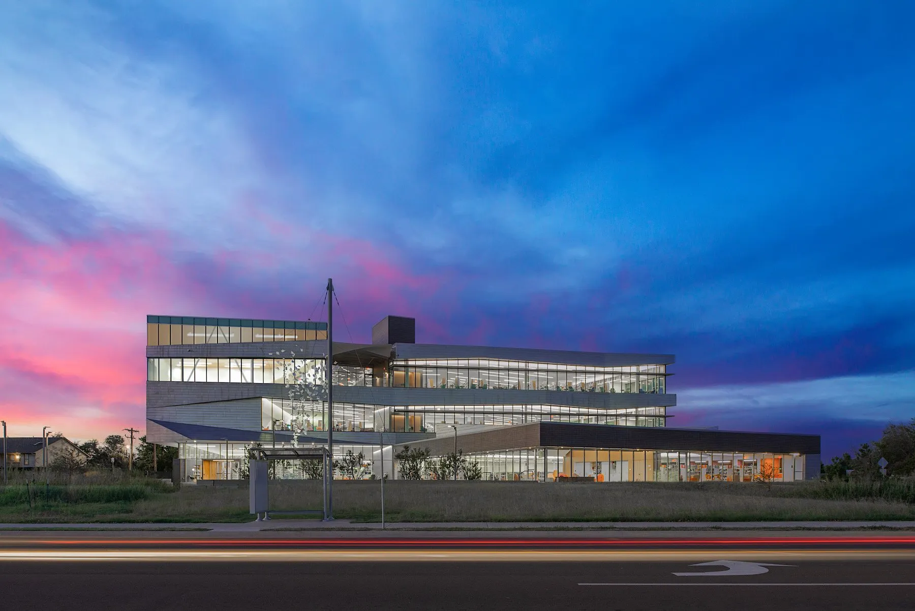Norman Central Library exterior at twilight, Norman, Oklahoma