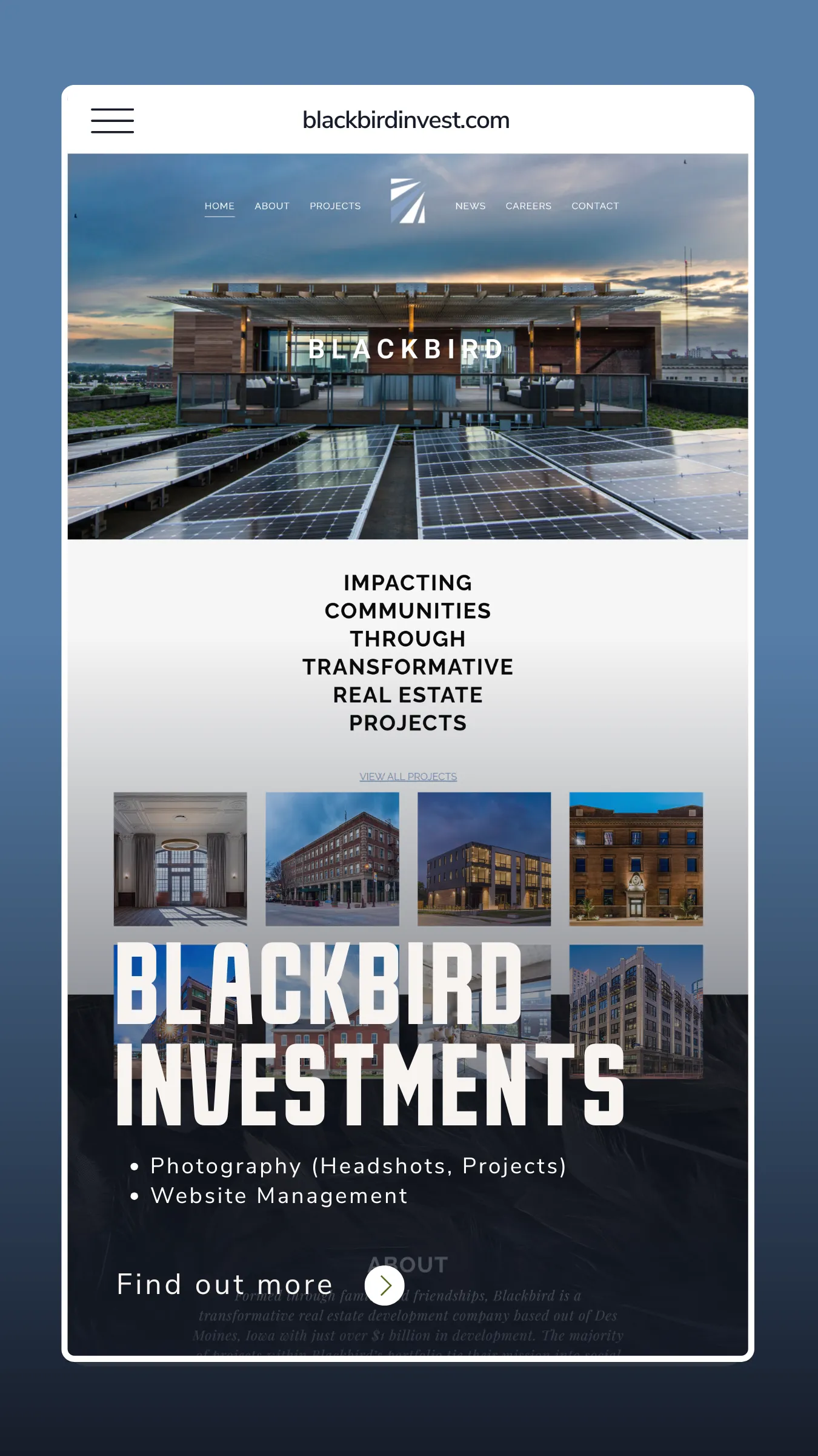 Blackbird Investments case study card showing the company website on a phone