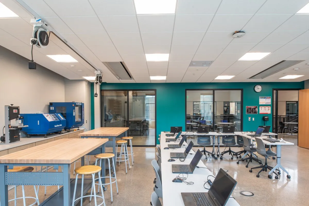 Cedar Falls High School classroom with teal accent wall