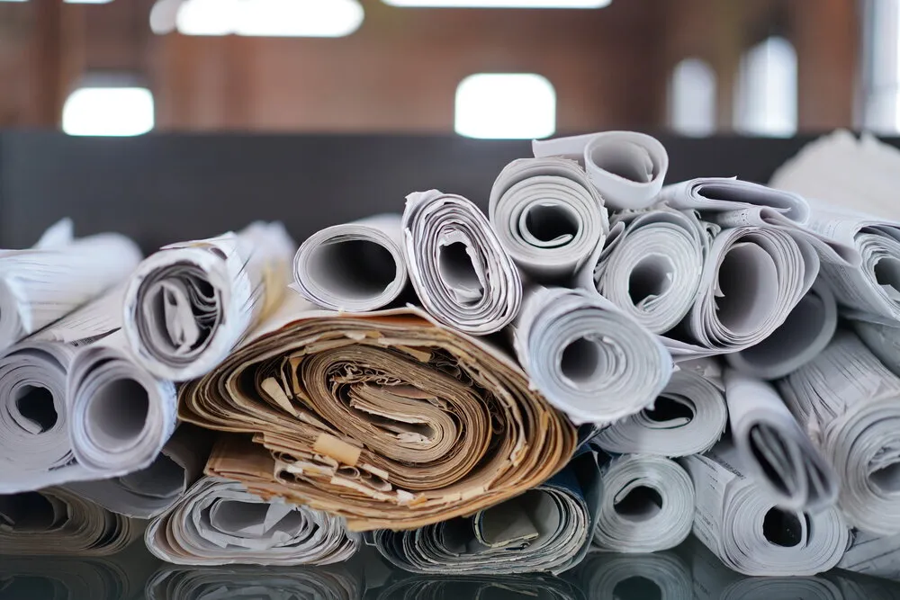 Rolled architectural drawings stacked on a table