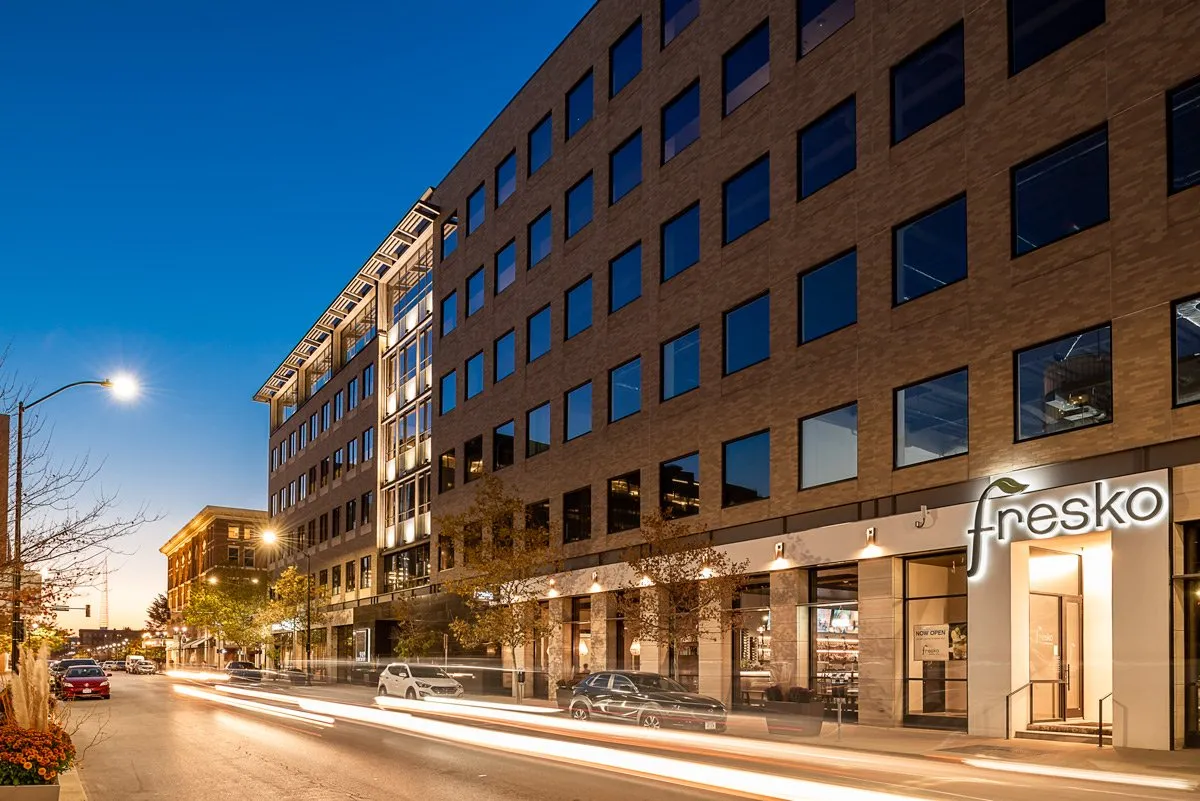 Fresko building at dusk with light trails, Des Moines