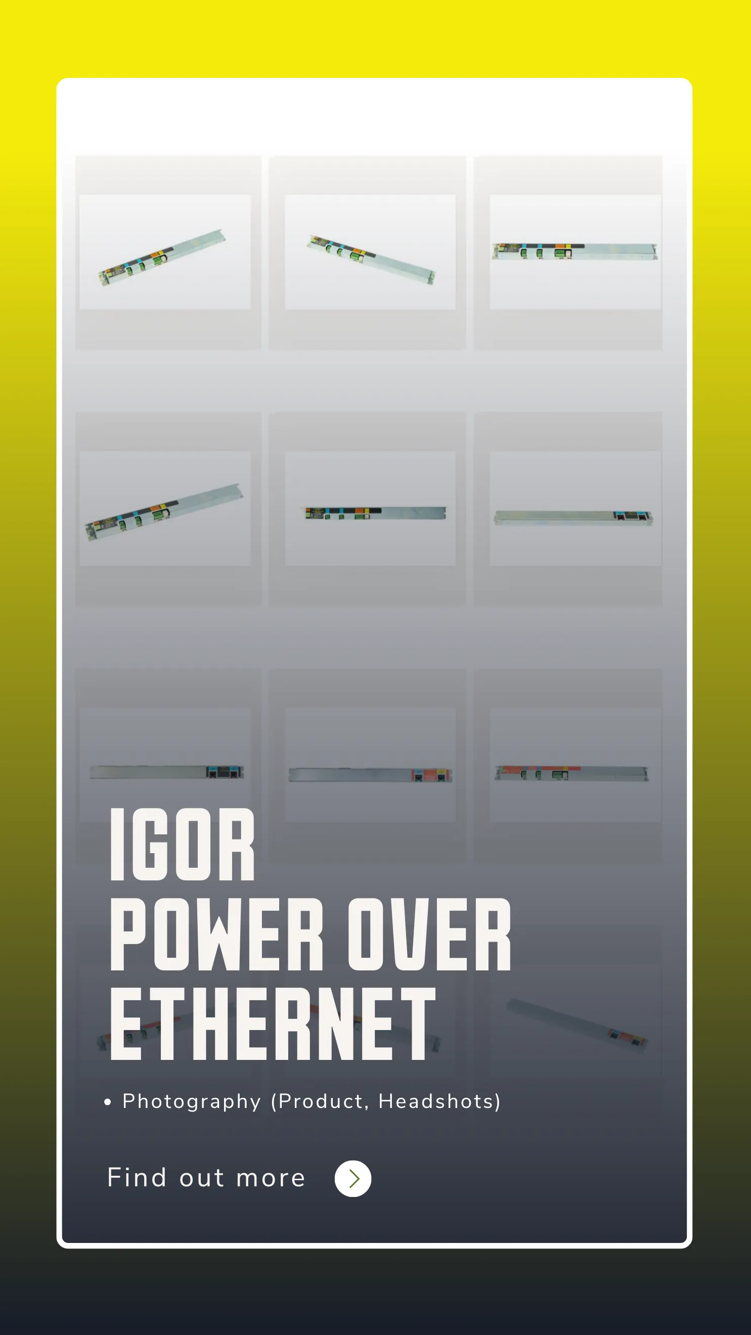 IGOR Power over Ethernet case study card showing product photography on a phone