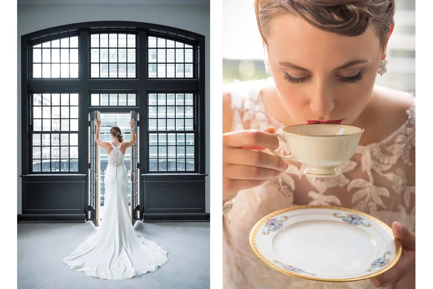 Bridal portraits: a bride in a grand window and a woman sipping from a teacup