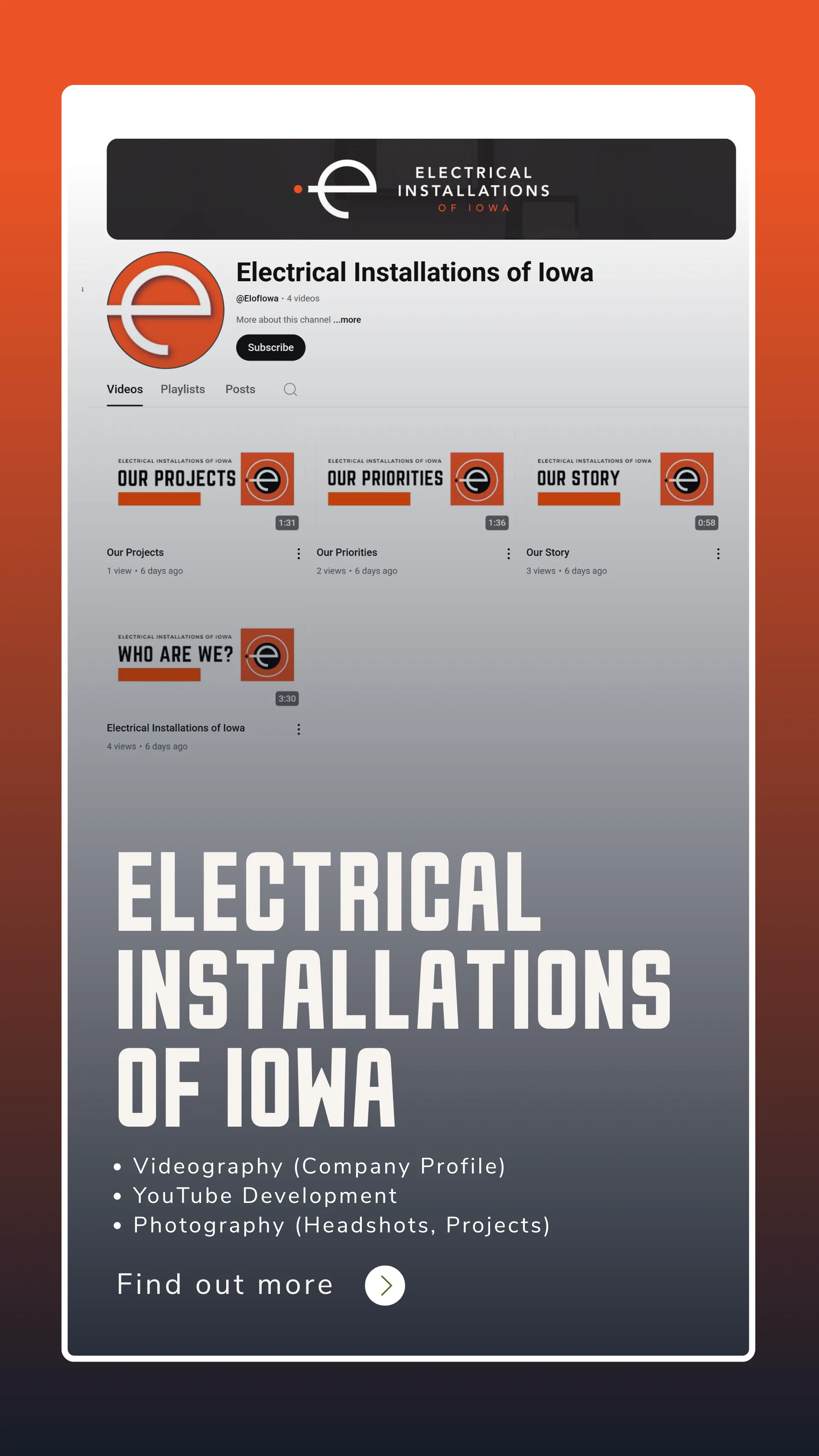 Electrical Installations of Iowa case study card showing the company YouTube channel on a phone