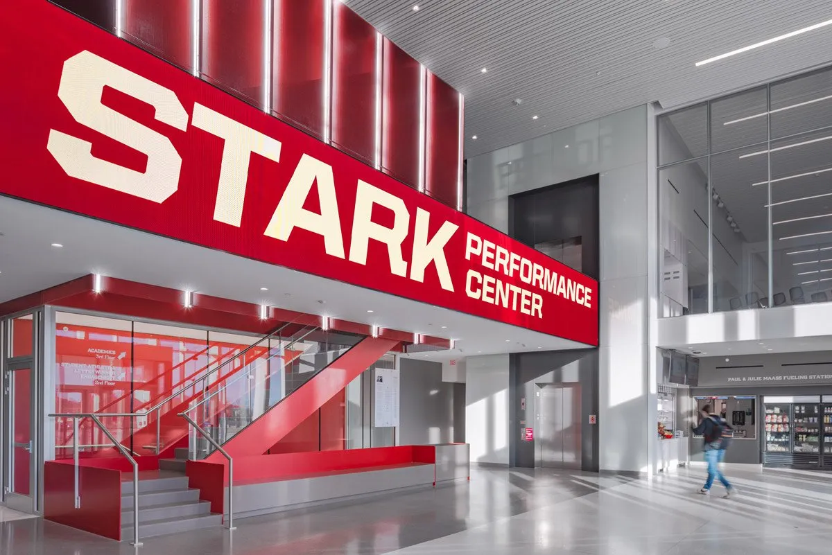 Stark Performance Center entrance with large red signage, Ames, Iowa
