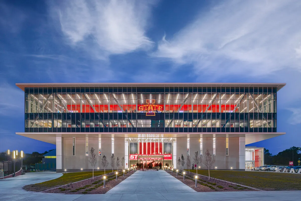 Stark Performance Center exterior at sunset, Ames, Iowa