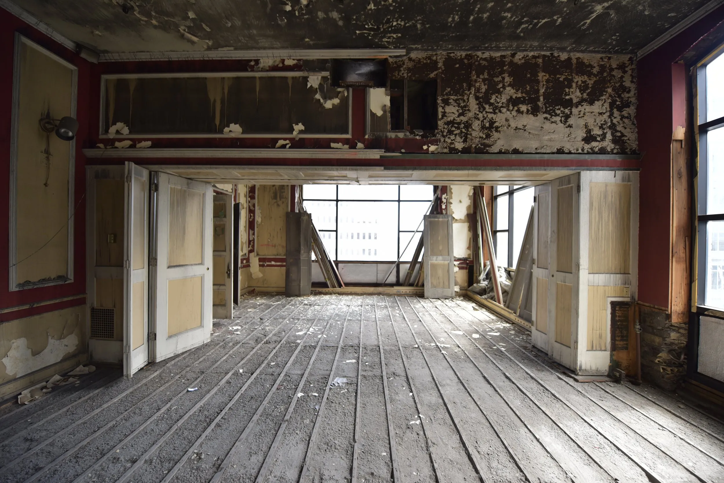 Fire-damaged upper floor of the Wilkins Building before restoration