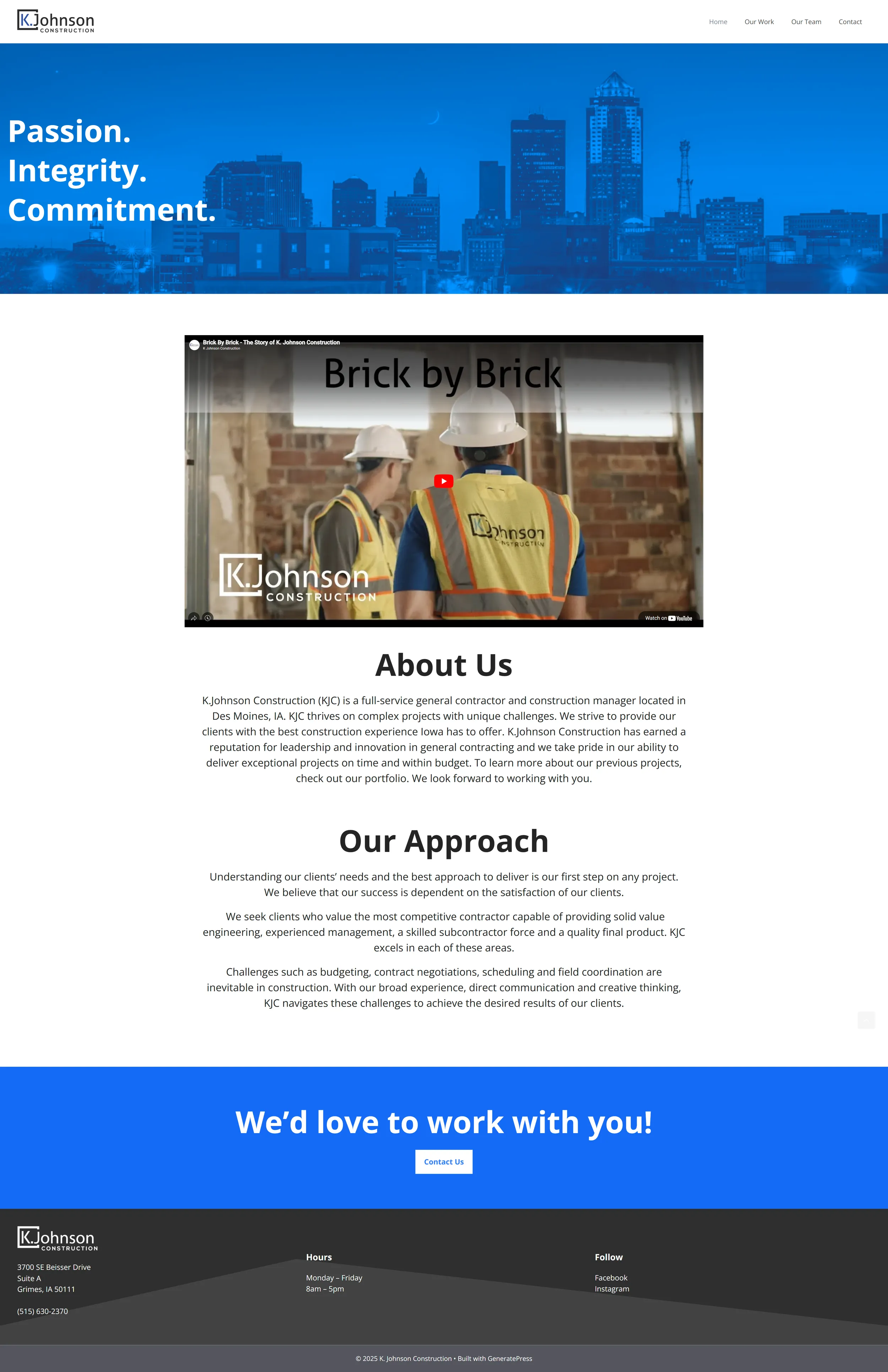 K. Johnson Construction website homepage: "Passion. Integrity. Commitment." over the Des Moines skyline