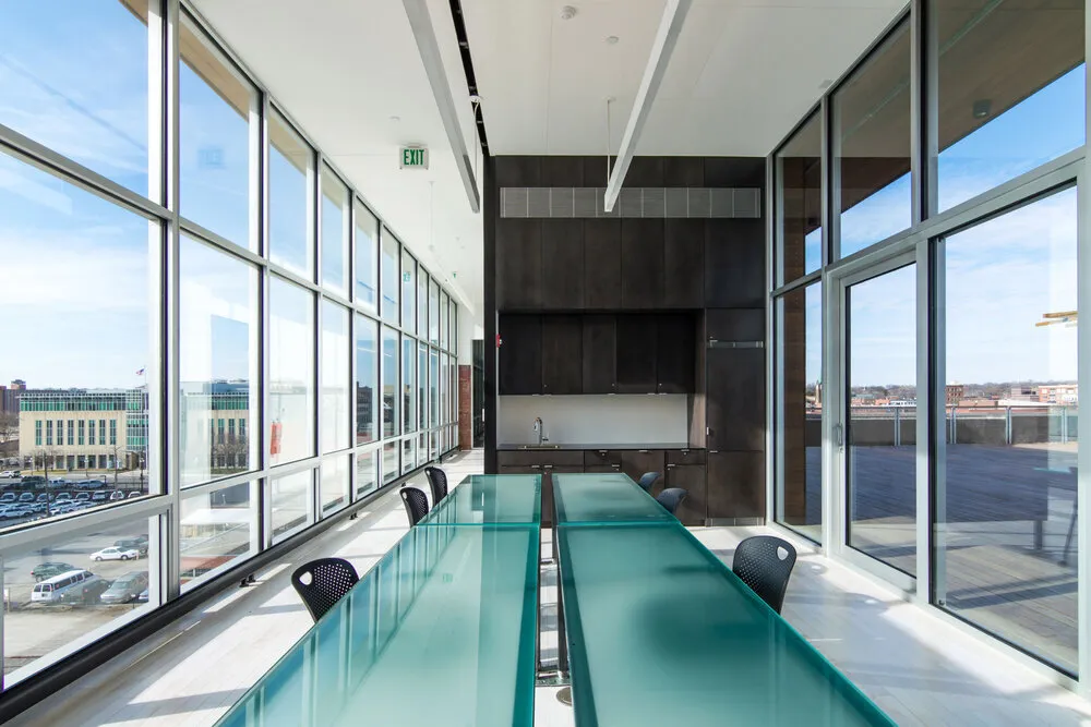 Market One conference room with glass walls, Des Moines