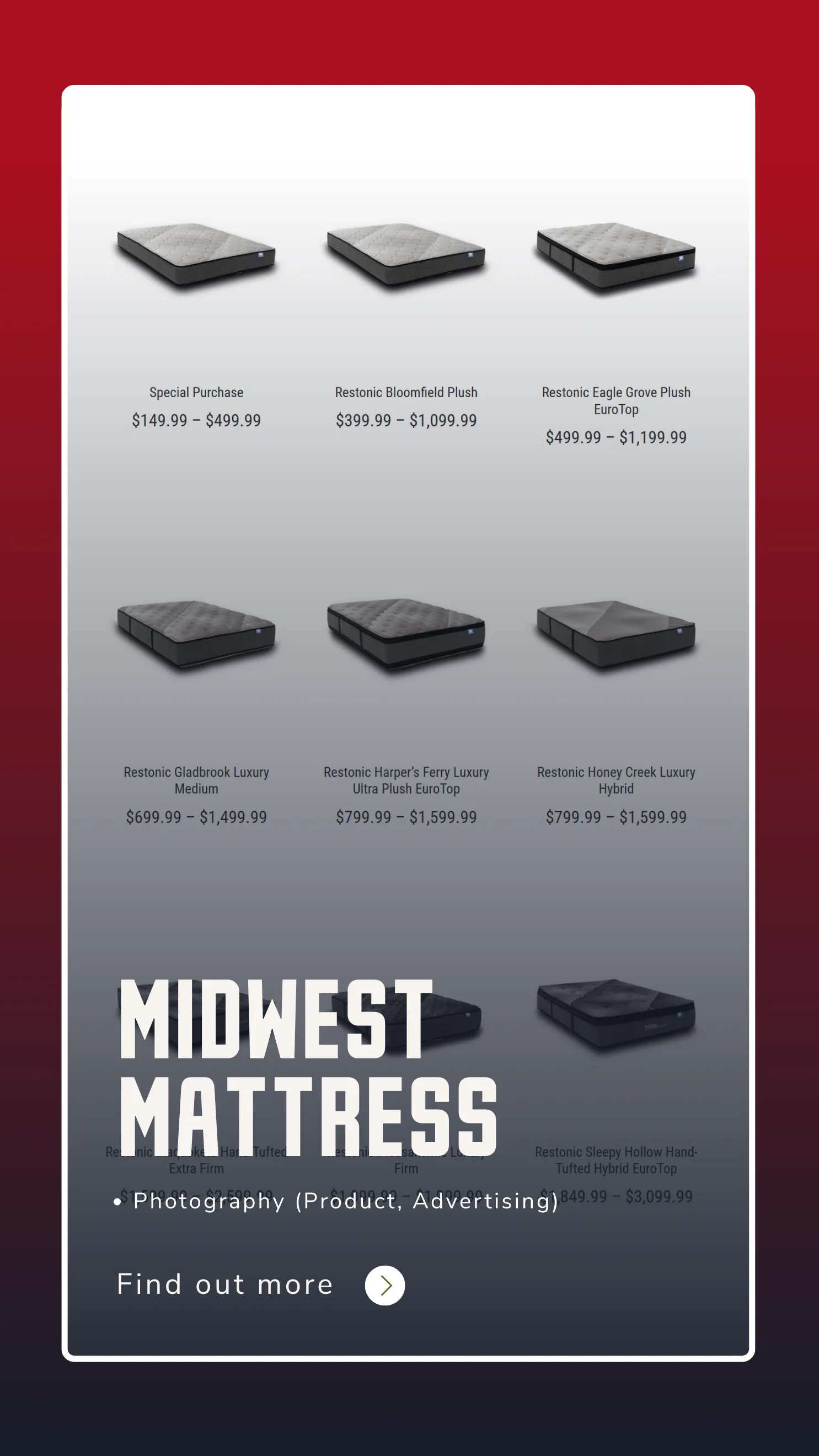 Midwest Mattress case study card showing product photography on a phone