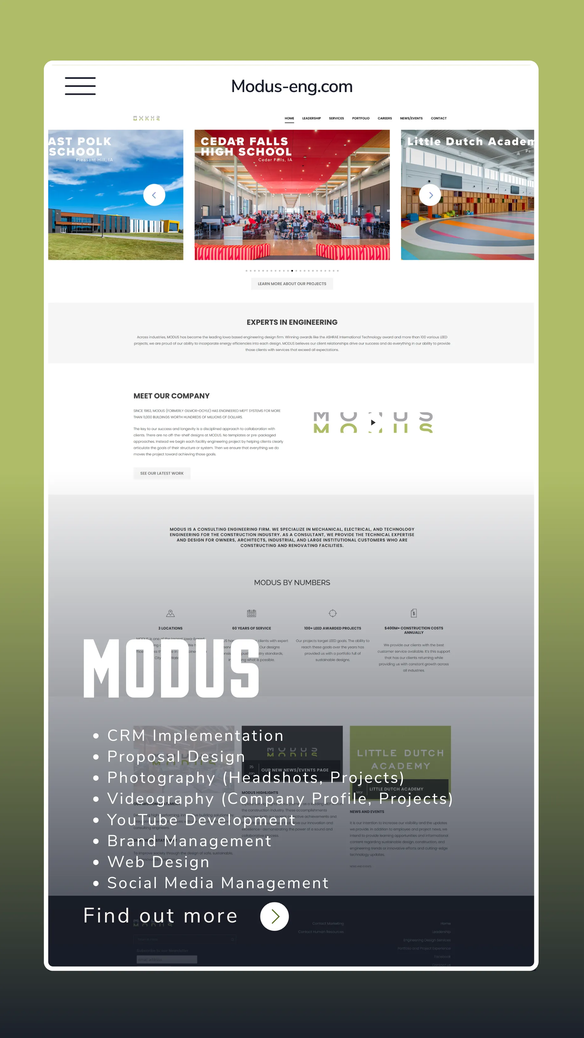 MODUS case study card showing the modus-eng.com website on a phone