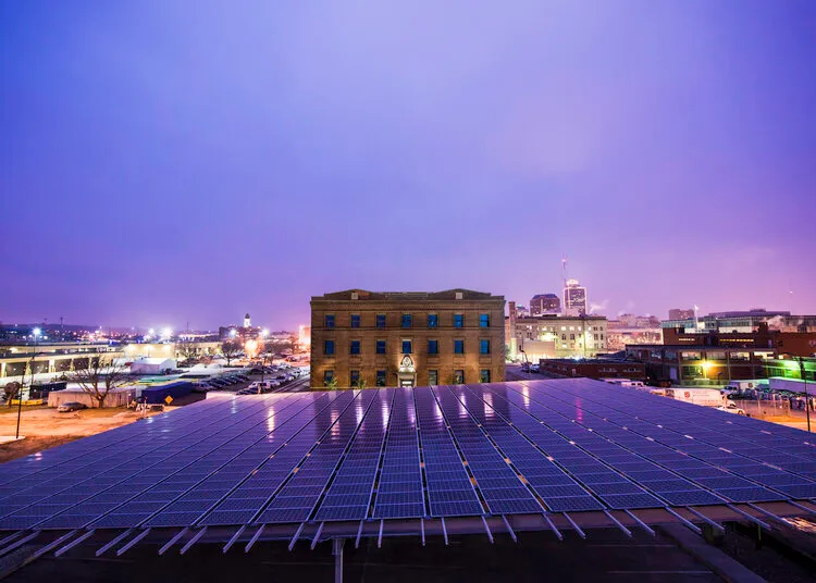 Market One at dusk with the rooftop solar array, Des Moines