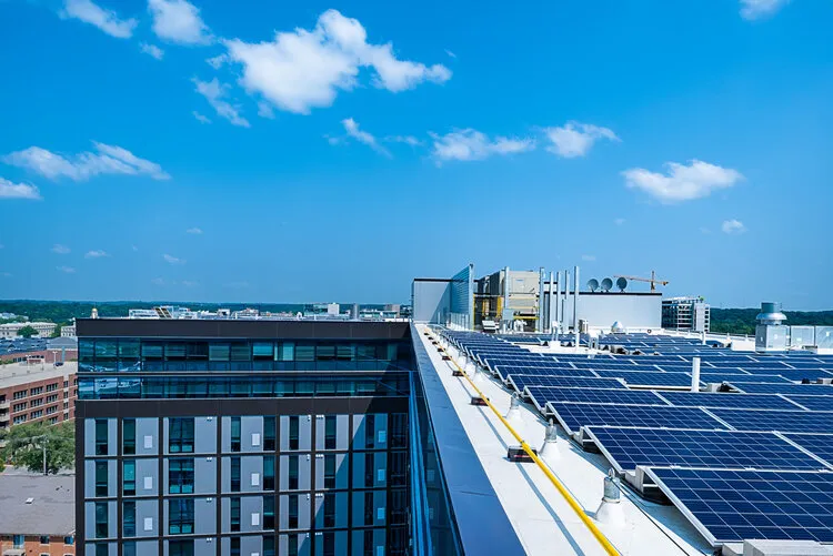 Solar panels on the RISE rooftop overlooking Iowa City