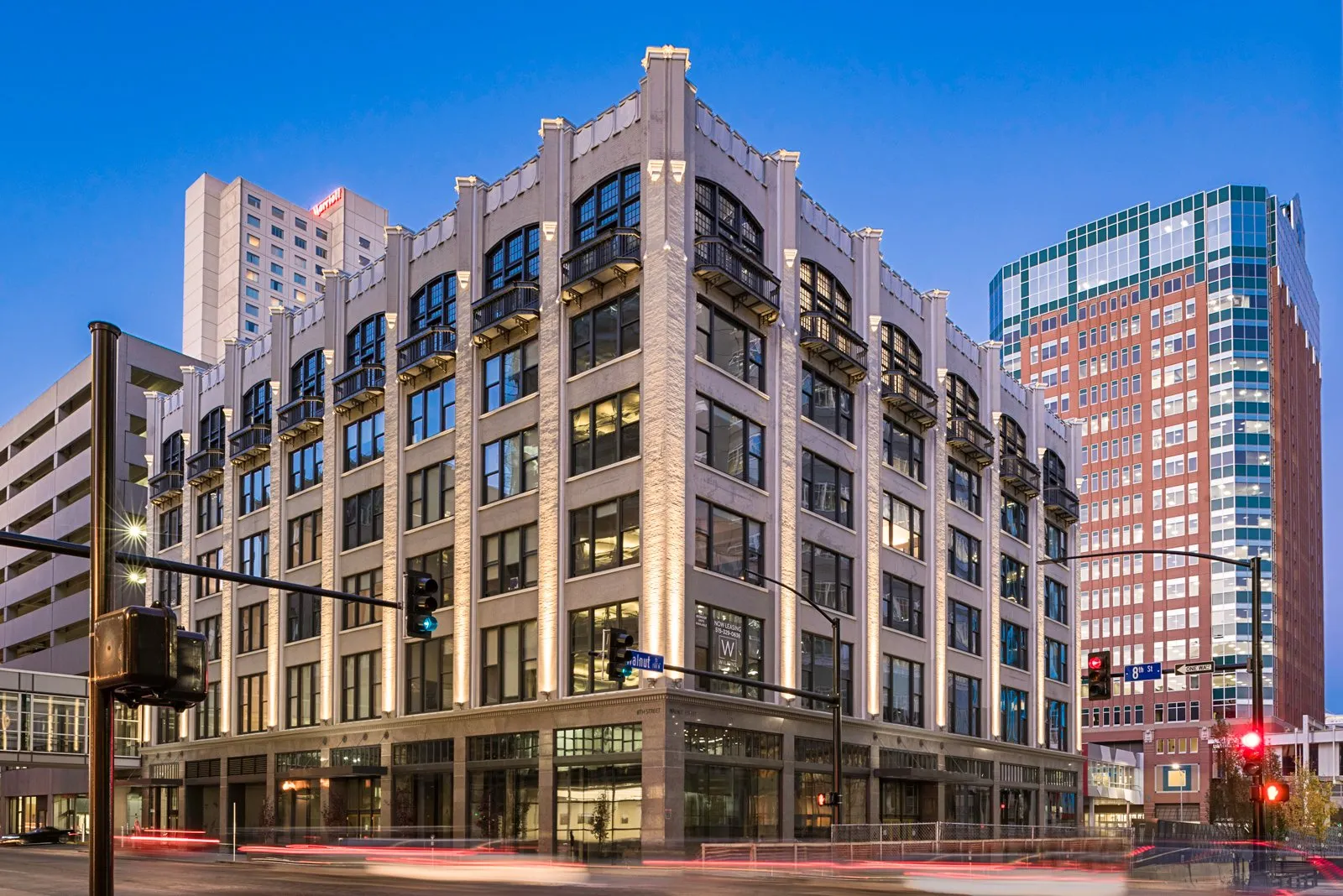 The Wilkins Building at dusk, downtown Des Moines